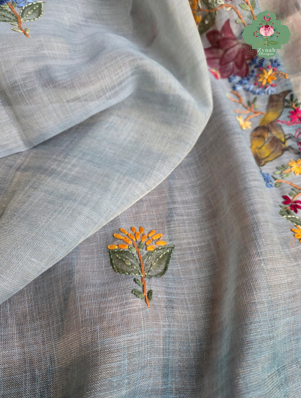 Ayra| Hand Painted Dusty Blue Linen Tissue Saree With Hand Embroidery