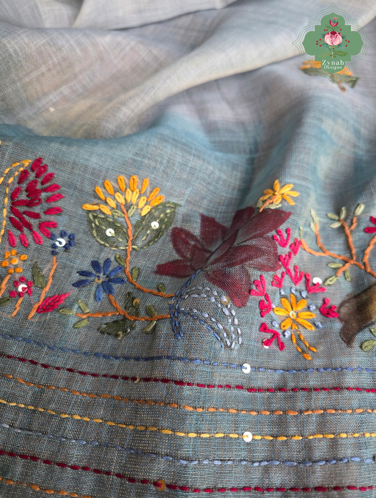 Ayra| Hand Painted Dusty Blue Linen Tissue Saree With Hand Embroidery