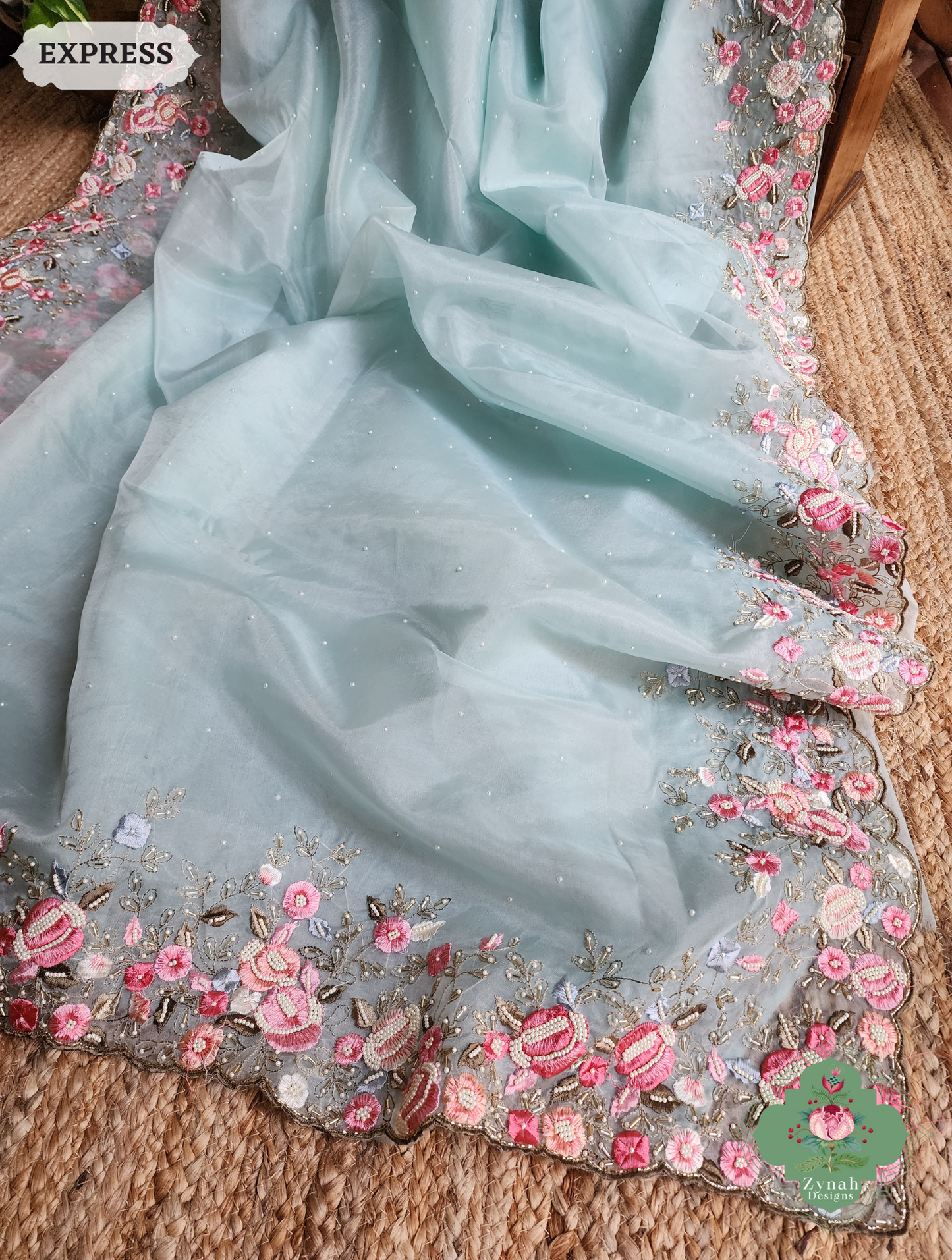 Zynah Baby Blue Organza Silk Saree With Delicate Floral Embroidery & Hand Embellished With Pearls & Cutdana Beads; Custom Stitched/Ready-made Blouse, Fall, Petticoat; SKU: 0503202502