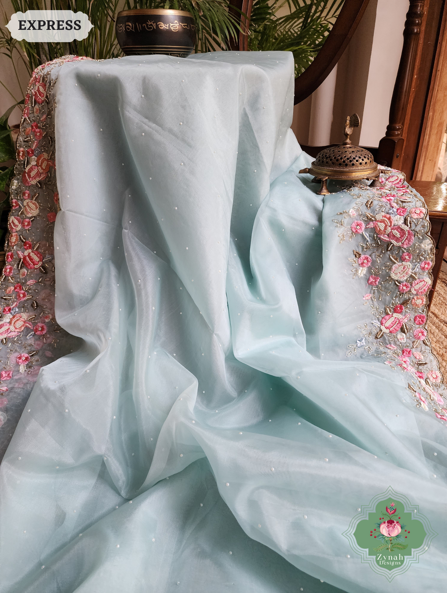 Zynah Baby Blue Organza Silk Saree With Delicate Floral Embroidery & Hand Embellished With Pearls & Cutdana Beads; Custom Stitched/Ready-made Blouse, Fall, Petticoat; SKU: 0503202502