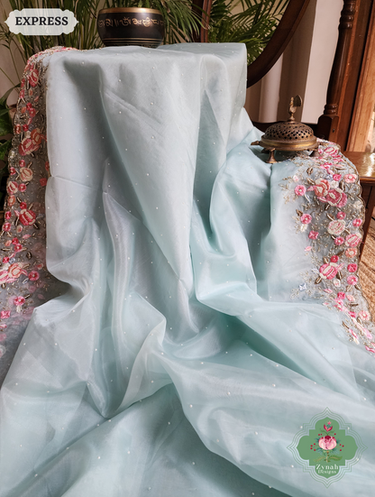 Zynah Baby Blue Organza Silk Saree With Delicate Floral Embroidery & Hand Embellished With Pearls & Cutdana Beads; Custom Stitched/Ready-made Blouse, Fall, Petticoat; SKU: 0503202502