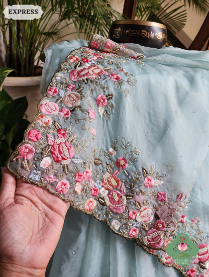 Zynah Baby Blue Organza Silk Saree With Delicate Floral Embroidery & Hand Embellished With Pearls & Cutdana Beads; Custom Stitched/Ready-made Blouse, Fall, Petticoat; SKU: 0503202502