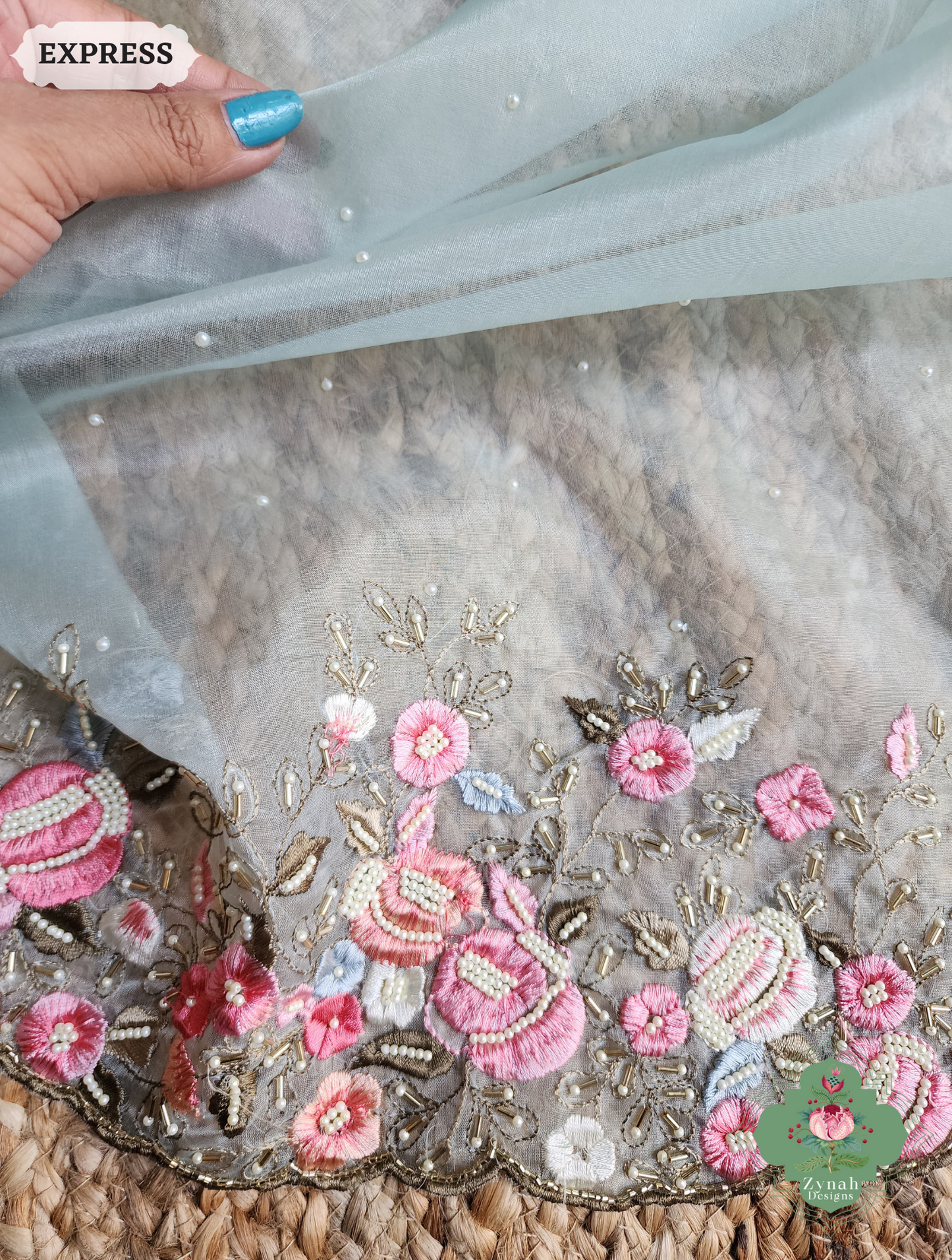 Zynah Baby Blue Organza Silk Saree With Delicate Floral Embroidery & Hand Embellished With Pearls & Cutdana Beads; Custom Stitched/Ready-made Blouse, Fall, Petticoat; SKU: 0503202502
