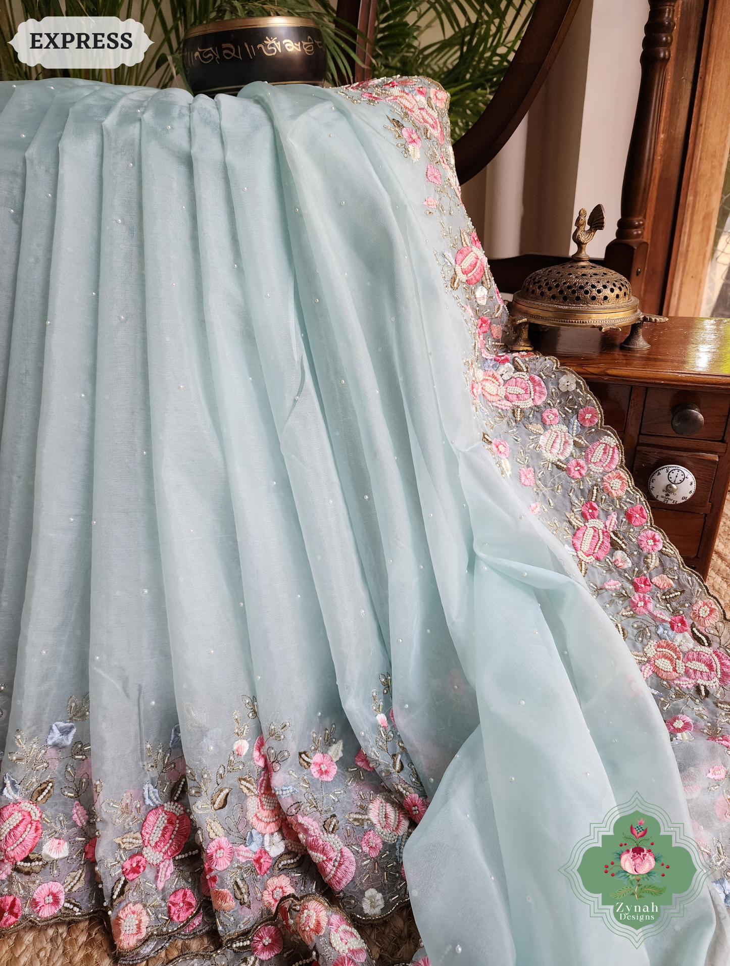 Zynah Baby Blue Organza Silk Saree With Delicate Floral Embroidery & Hand Embellished With Pearls & Cutdana Beads; Custom Stitched/Ready-made Blouse, Fall, Petticoat; SKU: 0503202502