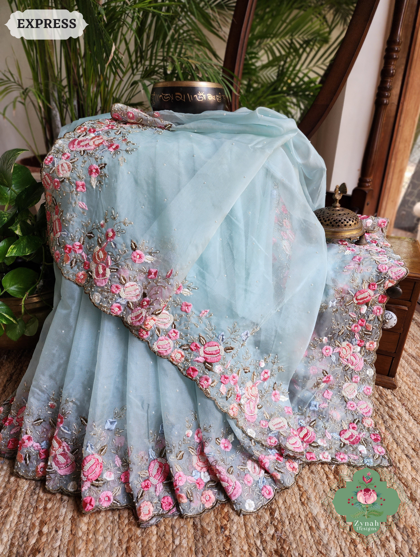 Zynah Baby Blue Organza Silk Saree With Delicate Floral Embroidery & Hand Embellished With Pearls & Cutdana Beads; Custom Stitched/Ready-made Blouse, Fall, Petticoat; SKU: 0503202502