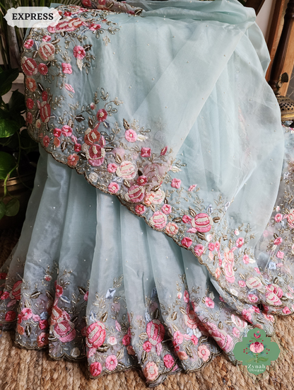 Zynah Baby Blue Organza Silk Saree With Delicate Floral Embroidery & Hand Embellished With Pearls & Cutdana Beads; Custom Stitched/Ready-made Blouse, Fall, Petticoat; SKU: 0503202502