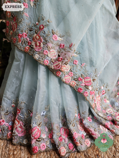Zynah Baby Blue Organza Silk Saree With Delicate Floral Embroidery & Hand Embellished With Pearls & Cutdana Beads; Custom Stitched/Ready-made Blouse, Fall, Petticoat; SKU: 0503202502