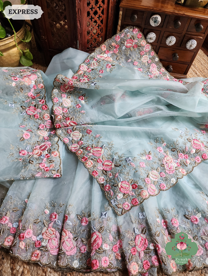 Zynah Baby Blue Organza Silk Saree With Delicate Floral Embroidery & Hand Embellished With Pearls & Cutdana Beads; Custom Stitched/Ready-made Blouse, Fall, Petticoat; SKU: 0503202502