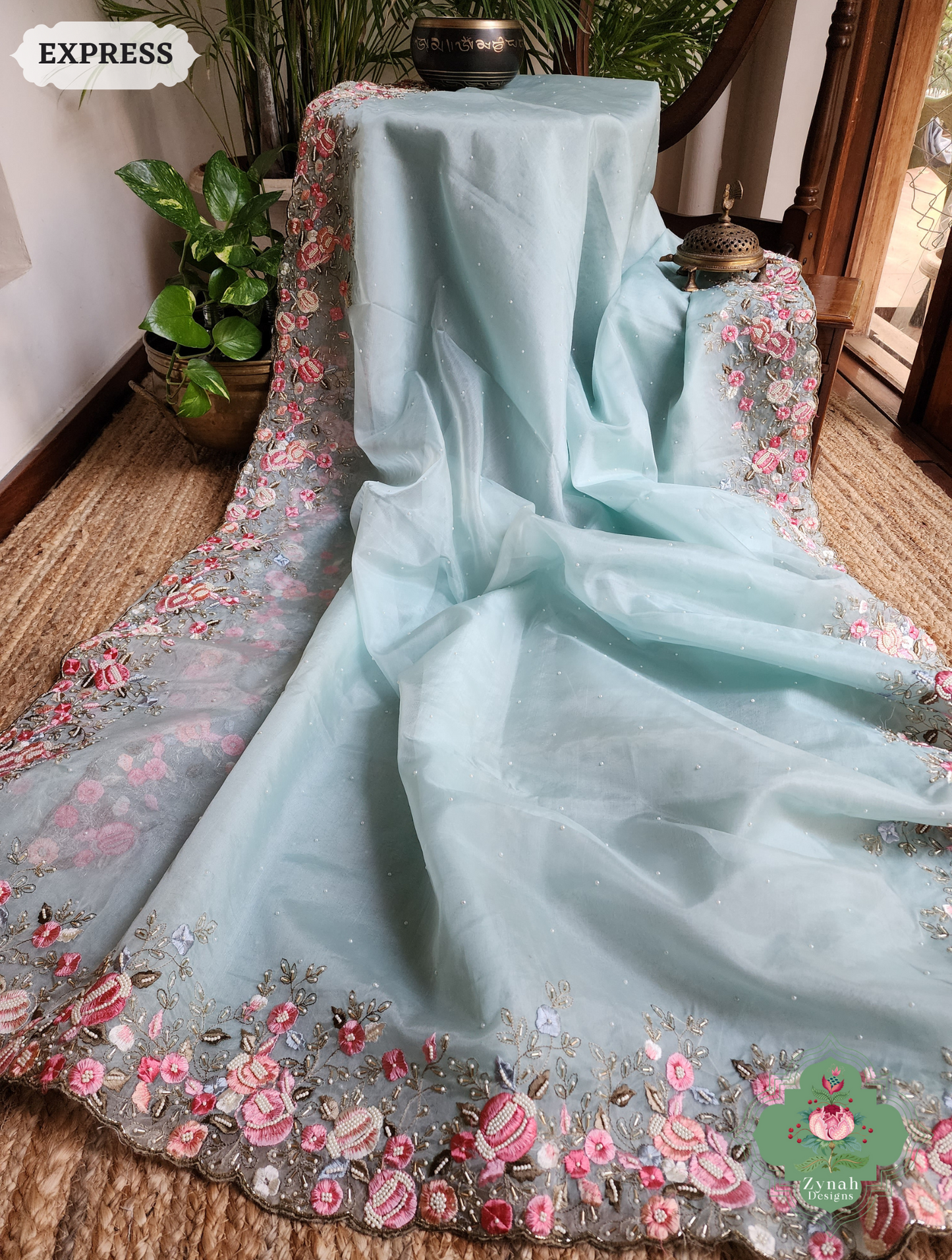 Zynah Baby Blue Organza Silk Saree With Delicate Floral Embroidery & Hand Embellished With Pearls & Cutdana Beads; Custom Stitched/Ready-made Blouse, Fall, Petticoat; SKU: 0503202502