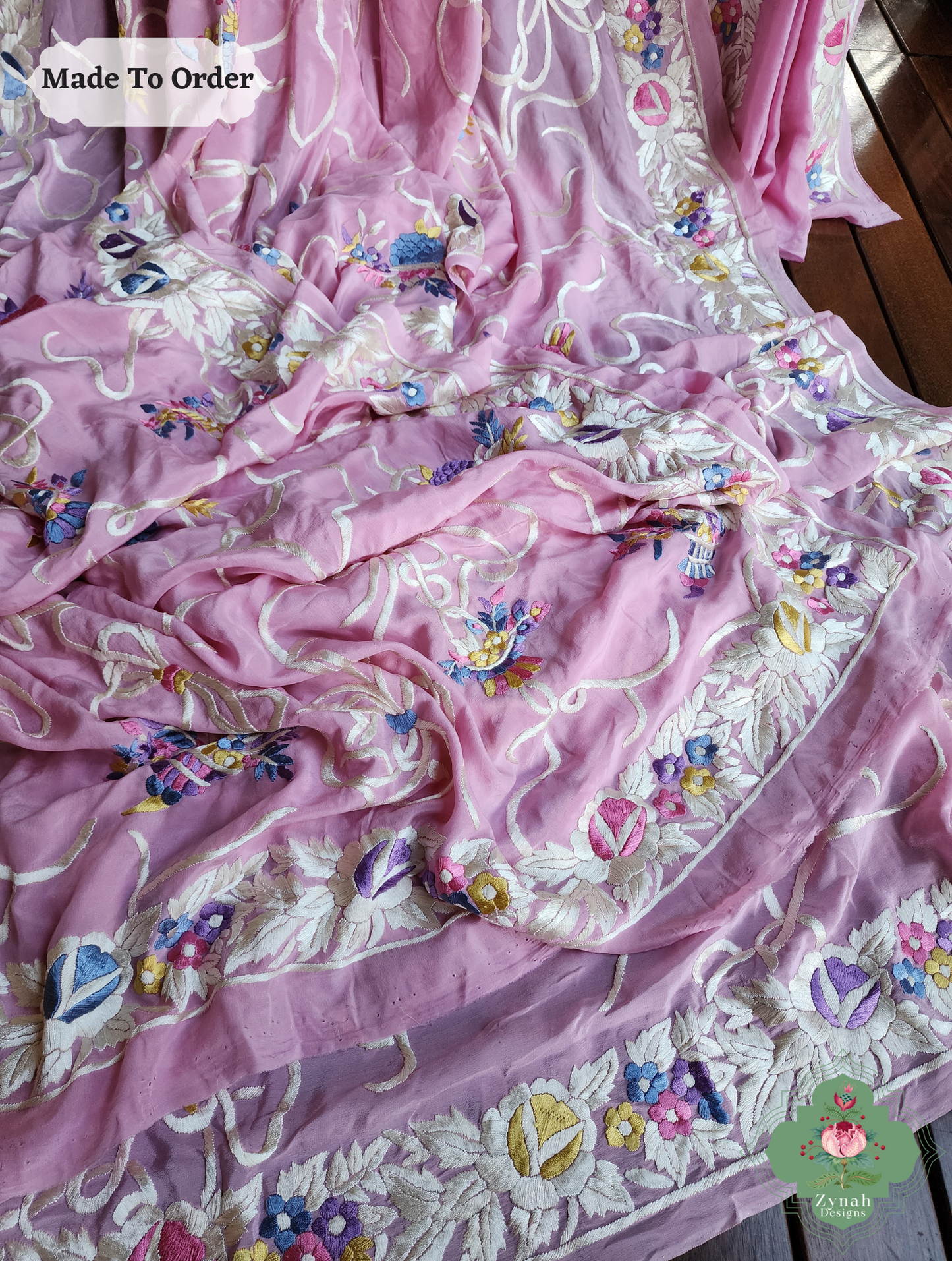Baby Pink Crepe Silk Hand Embroidered Parsi Gara Saree 13