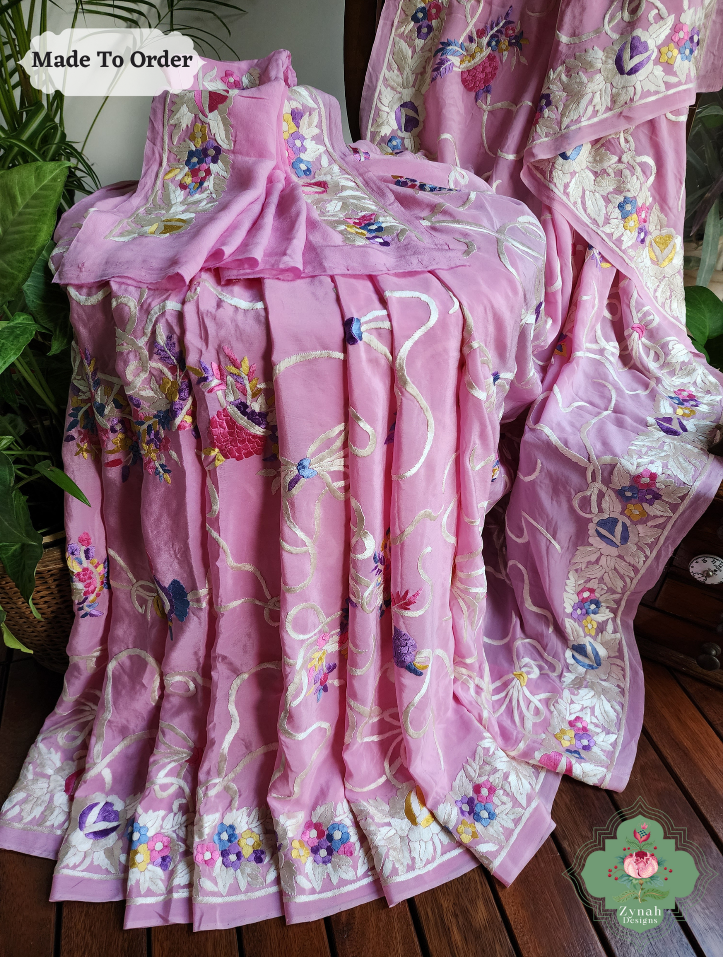 Baby Pink Crepe Silk Hand Embroidered Parsi Gara Saree 3