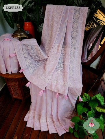 Baby Pink Chikankari Georgette Saree - Floral hand-embroidery on delicate fabric. Timeless elegance. Perfect for special occasions.