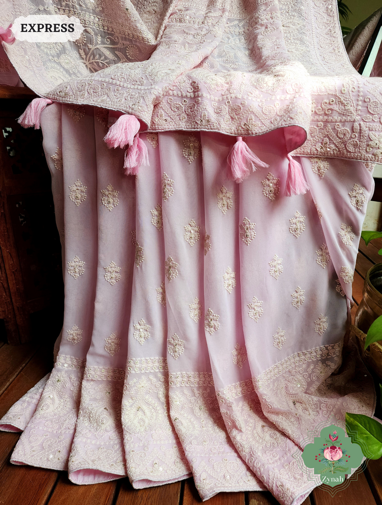 Zynah Baby Pink Pure Georgette Chikankari Saree; Custom Stitched/Ready-made Blouse, Fall, Petticoat; SKU: 2608202301