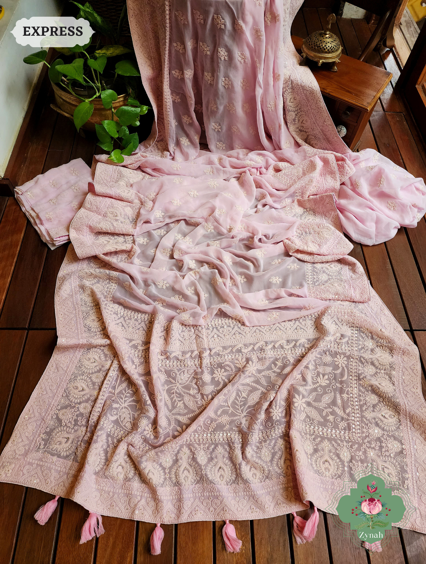 Zynah Baby Pink Pure Georgette Chikankari Saree; Custom Stitched/Ready-made Blouse, Fall, Petticoat; SKU: 2608202301