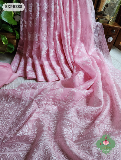 Zynah Baby Pink Organza Saree With Chikankari Style Embroidery; Custom Stitched/Ready-made Blouse, Fall, Petticoat; SKU: 2901202504