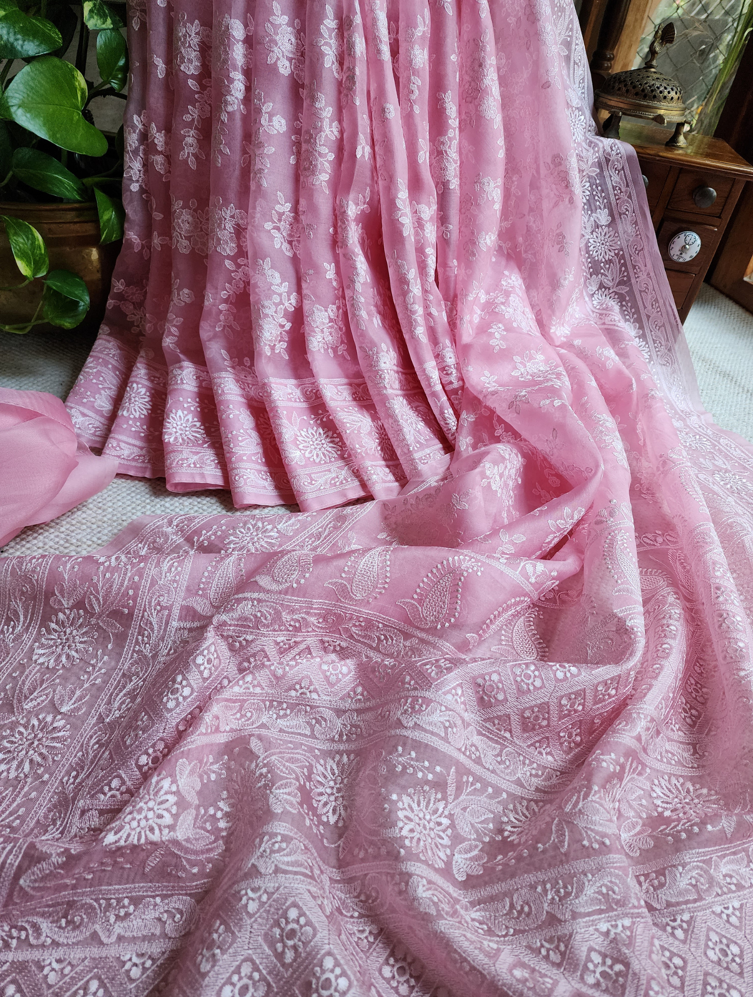 Zynah Baby Pink Organza Saree With Chikankari Style Embroidery; Custom Stitched/Ready-made Blouse, Fall, Petticoat; SKU: 2901202504