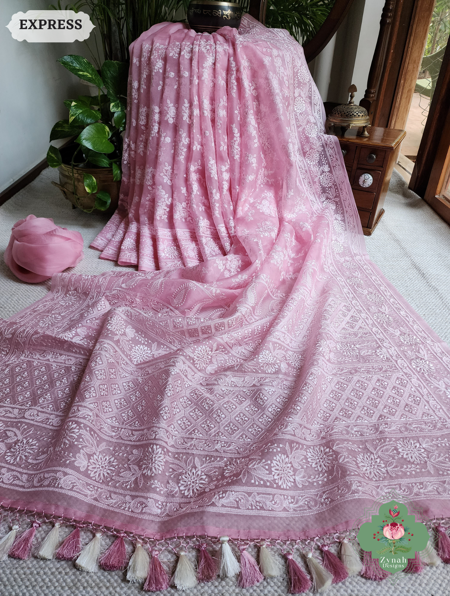 Zynah Baby Pink Organza Saree With Chikankari Style Embroidery; Custom Stitched/Ready-made Blouse, Fall, Petticoat; SKU: 2901202504