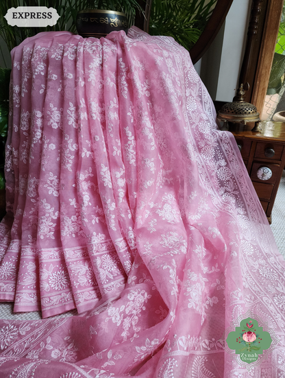 Zynah Baby Pink Organza Saree With Chikankari Style Embroidery; Custom Stitched/Ready-made Blouse, Fall, Petticoat; SKU: 2901202504