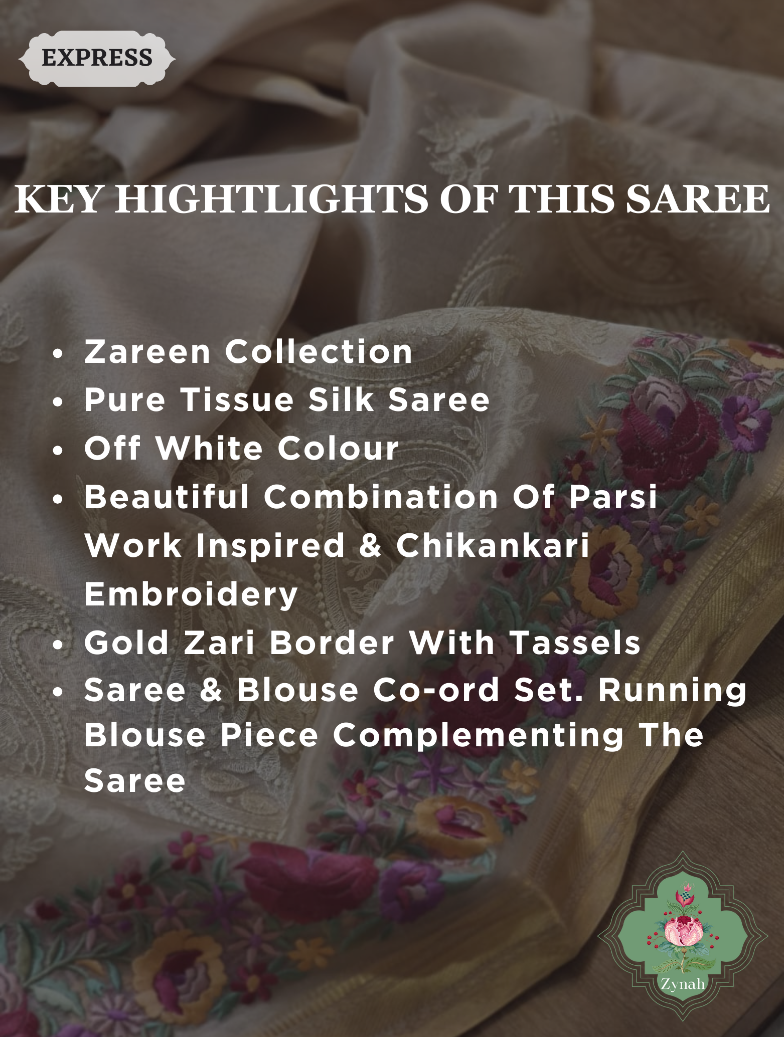 Off White Pure Tissue Silk Saree With Parsi Work & Chikankari Inspired Embroidery On The Border