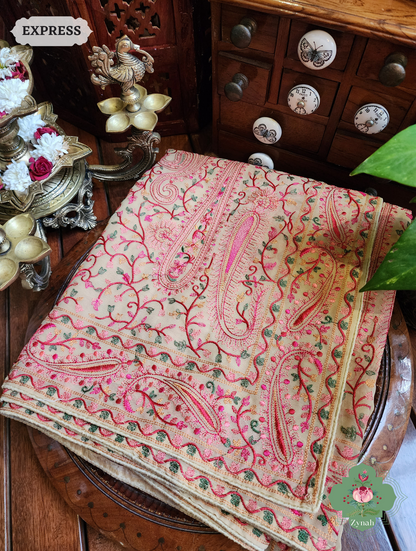Zynah Beige Georgette Saree With Kashida Inspired Embroidery; Custom Stitched/Ready-made Blouse, Fall, Petticoat; SKU: 1412202301