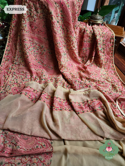 Beige Georgette Saree With Kashida Inspired Embroidery 8