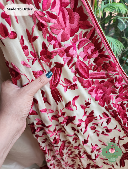 Zynah Made To Order Beige / Hot Pink Pure Crepe Silk Hand Embroidered Authentic Parsi Gara Saree; Custom Stitched/Ready-made Blouse, Fall, Petticoat; SKU: 2008202505
