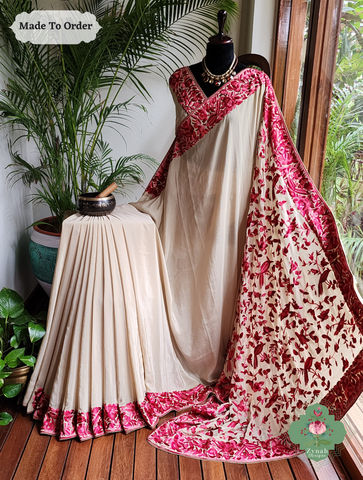 Zynah Made To Order Beige / Hot Pink Pure Crepe Silk Hand Embroidered Authentic Parsi Gara Saree; Custom Stitched/Ready-made Blouse, Fall, Petticoat; SKU: 2008202505