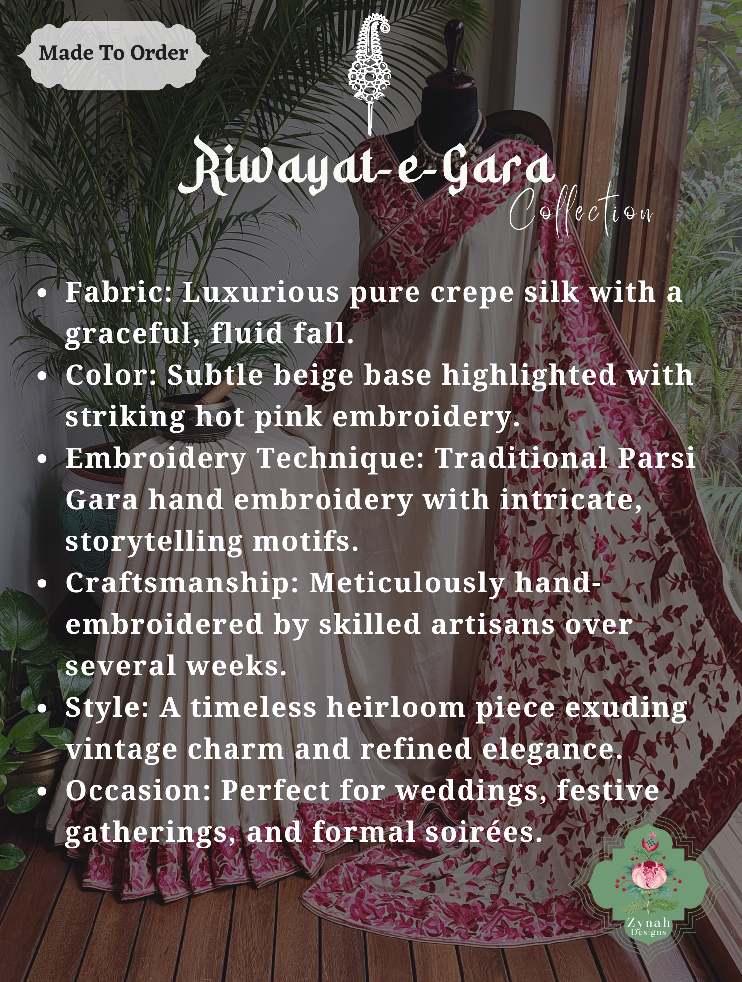 Zynah Made To Order Beige / Hot Pink Pure Crepe Silk Hand Embroidered Authentic Parsi Gara Saree; Custom Stitched/Ready-made Blouse, Fall, Petticoat; SKU: 2008202505