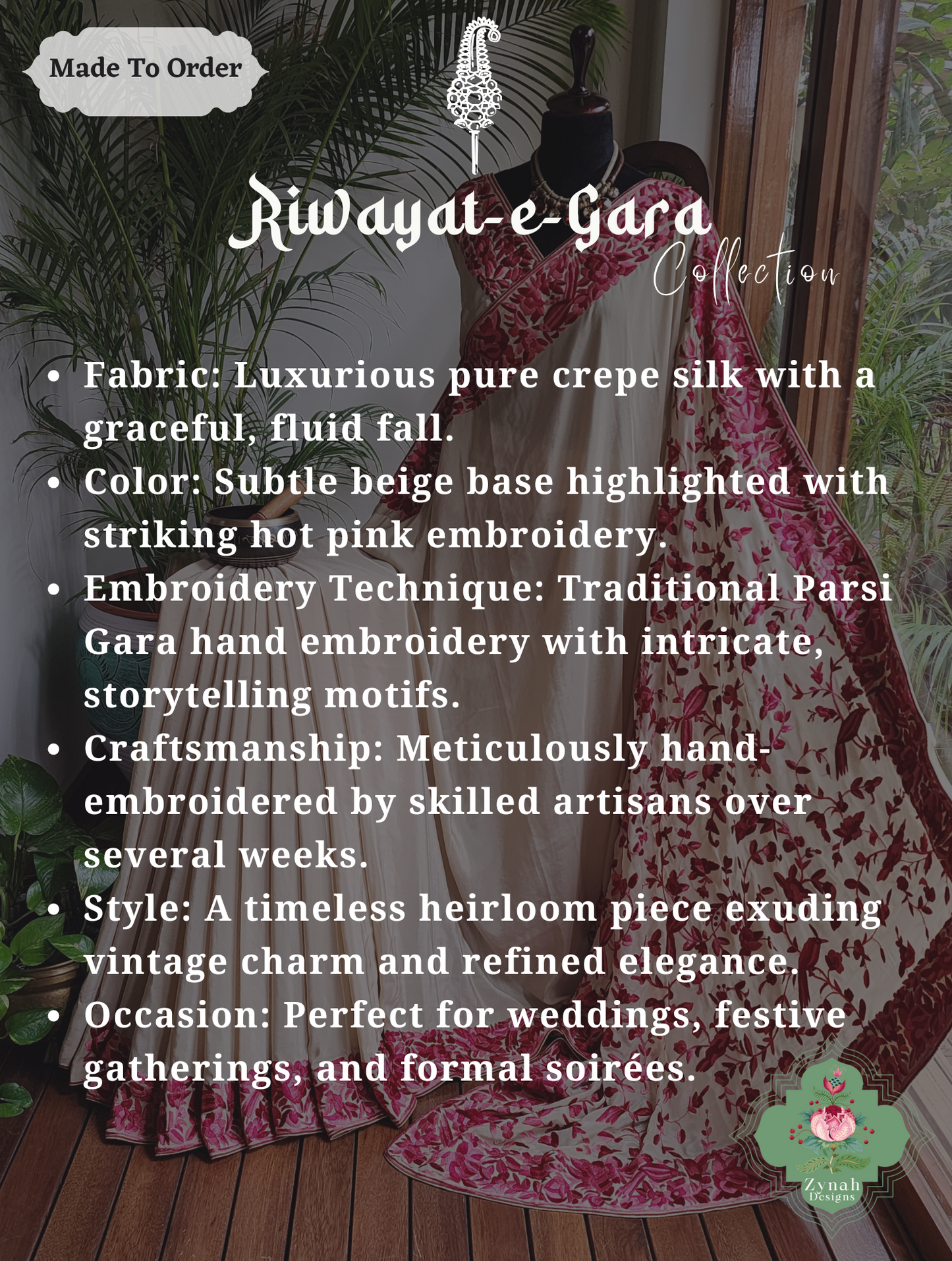 Zynah Made To Order Beige / Hot Pink Pure Crepe Silk Hand Embroidered Authentic Parsi Gara Saree; Custom Stitched/Ready-made Blouse, Fall, Petticoat; SKU: 2008202505