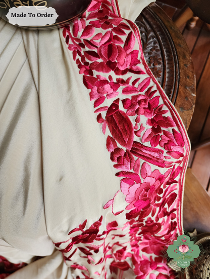Zynah Made To Order Beige / Hot Pink Pure Crepe Silk Hand Embroidered Authentic Parsi Gara Saree; Custom Stitched/Ready-made Blouse, Fall, Petticoat; SKU: 2008202505