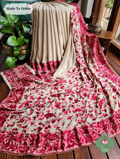 Zynah Made To Order Beige / Hot Pink Pure Crepe Silk Hand Embroidered Authentic Parsi Gara Saree; Custom Stitched/Ready-made Blouse, Fall, Petticoat; SKU: 2008202505