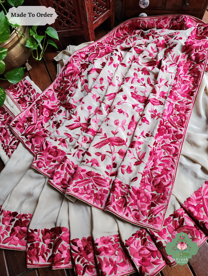Zynah Made To Order Beige / Hot Pink Pure Crepe Silk Hand Embroidered Authentic Parsi Gara Saree; Custom Stitched/Ready-made Blouse, Fall, Petticoat; SKU: 2008202505