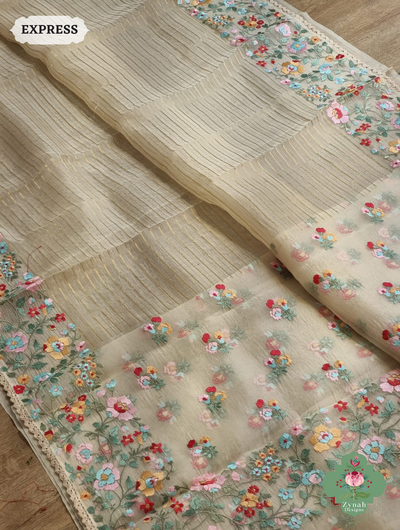 Beige Organza Silk Saaree 2