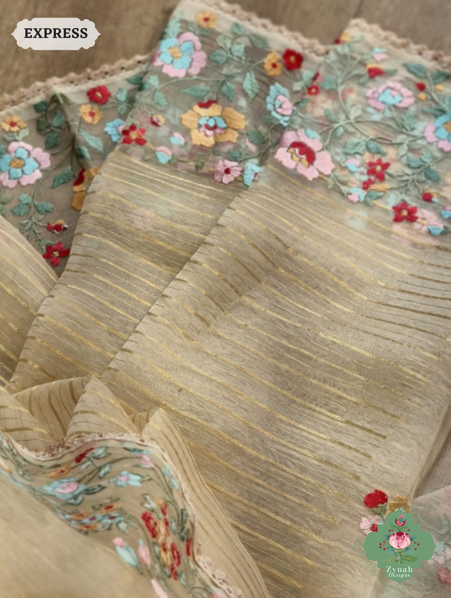 Beige Organza Silk Saaree 3