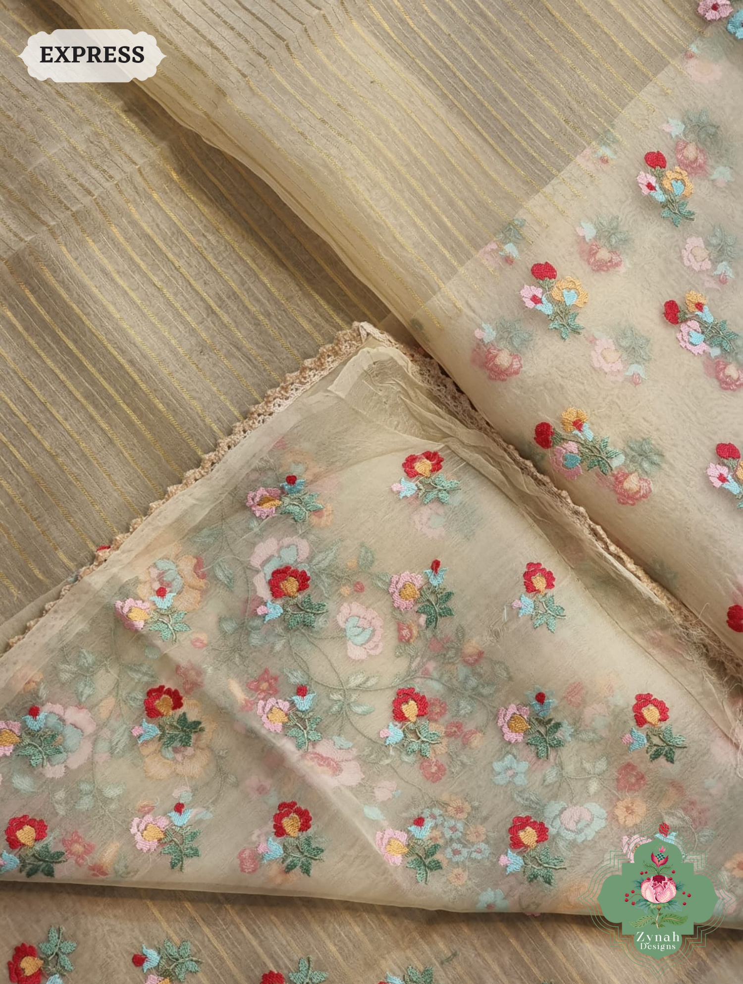 Beige Organza Silk Saaree 4