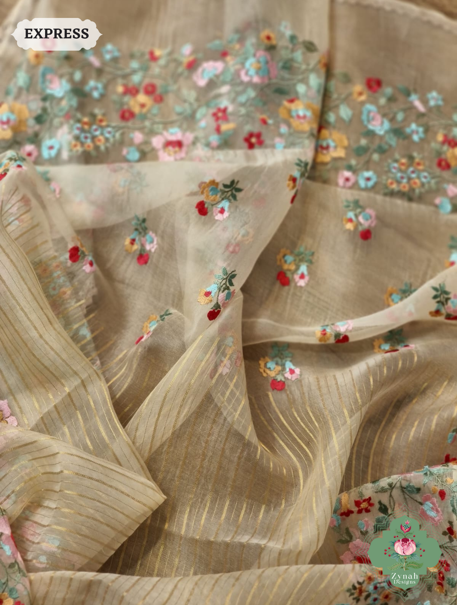 Beige Organza Silk Saaree 6