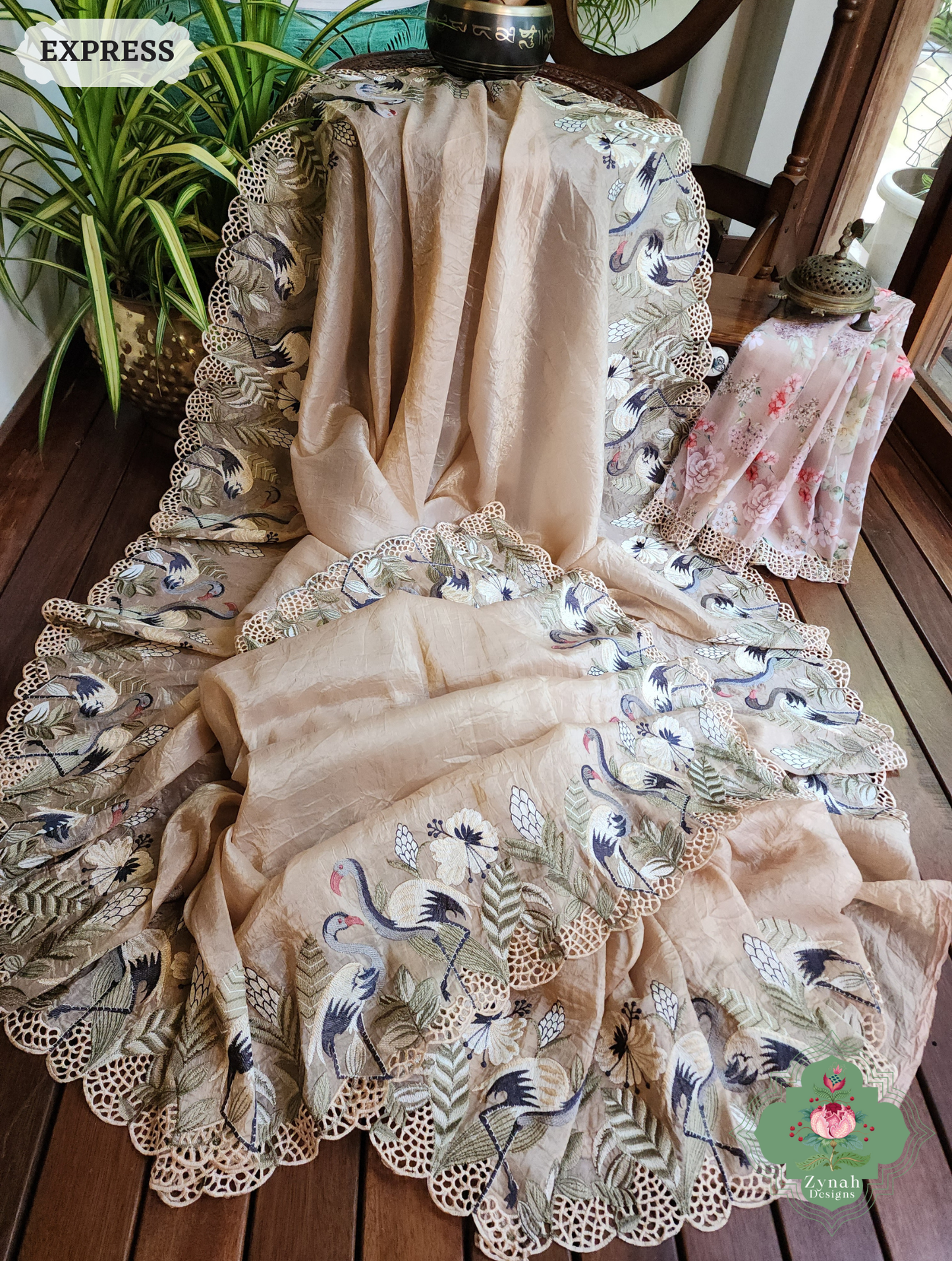Zynah Beige Organza Tissue Saree With Exquisite Crane Embroidery & Cutwork Scalloped Border; Custom Stitched/Ready-made Blouse, Fall, Petticoat; SKU: 0410202501