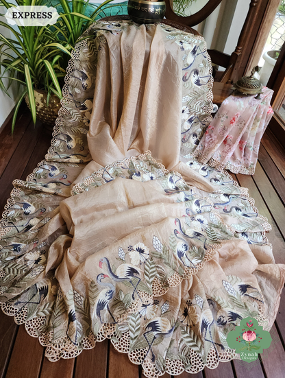 Zynah Beige Organza Tissue Saree With Exquisite Crane Embroidery & Cutwork Scalloped Border; Custom Stitched/Ready-made Blouse, Fall, Petticoat; SKU: 0410202501