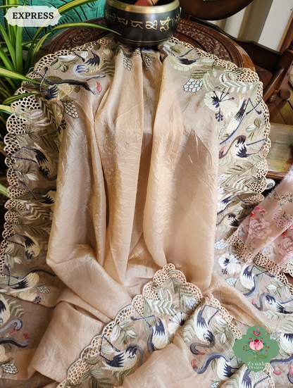 Zynah Beige Organza Tissue Saree With Exquisite Crane Embroidery & Cutwork Scalloped Border; Custom Stitched/Ready-made Blouse, Fall, Petticoat; SKU: 0410202501