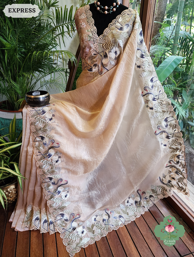 Zynah Beige Organza Tissue Saree With Exquisite Crane Embroidery & Cutwork Scalloped Border; Custom Stitched/Ready-made Blouse, Fall, Petticoat; SKU: 0410202501