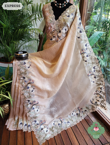 Zynah Beige Organza Tissue Saree With Exquisite Crane Embroidery & Cutwork Scalloped Border; Custom Stitched/Ready-made Blouse, Fall, Petticoat; SKU: 0410202501