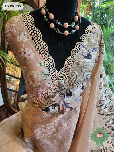 Zynah Beige Organza Tissue Saree With Exquisite Crane Embroidery & Cutwork Scalloped Border; Custom Stitched/Ready-made Blouse, Fall, Petticoat; SKU: 0410202501