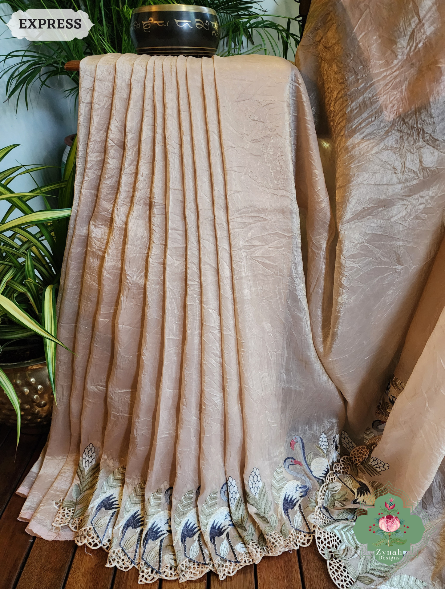 Zynah Beige Organza Tissue Saree With Exquisite Crane Embroidery & Cutwork Scalloped Border; Custom Stitched/Ready-made Blouse, Fall, Petticoat; SKU: 0410202501