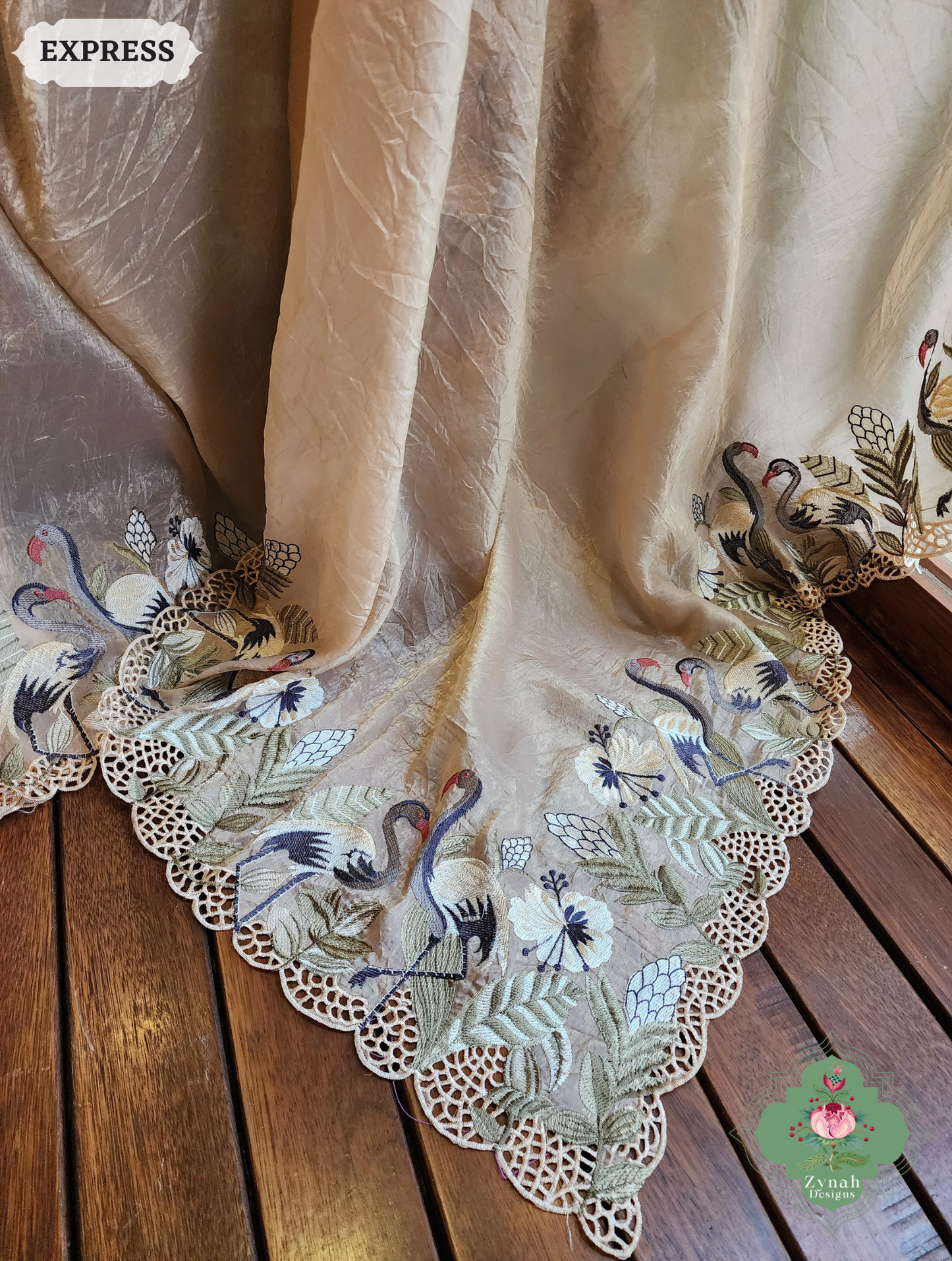 Zynah Beige Organza Tissue Saree With Exquisite Crane Embroidery & Cutwork Scalloped Border; Custom Stitched/Ready-made Blouse, Fall, Petticoat; SKU: 0410202501