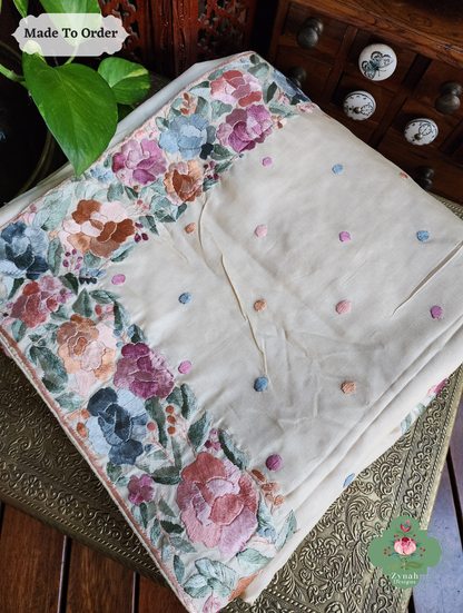 Zynah Made To Order Beige Pure Tussar Silk Hand Embroidered Authentic Parsi Gara Saree; Custom Stitched/Ready-made Blouse, Fall, Petticoat; SKU: 2312202405