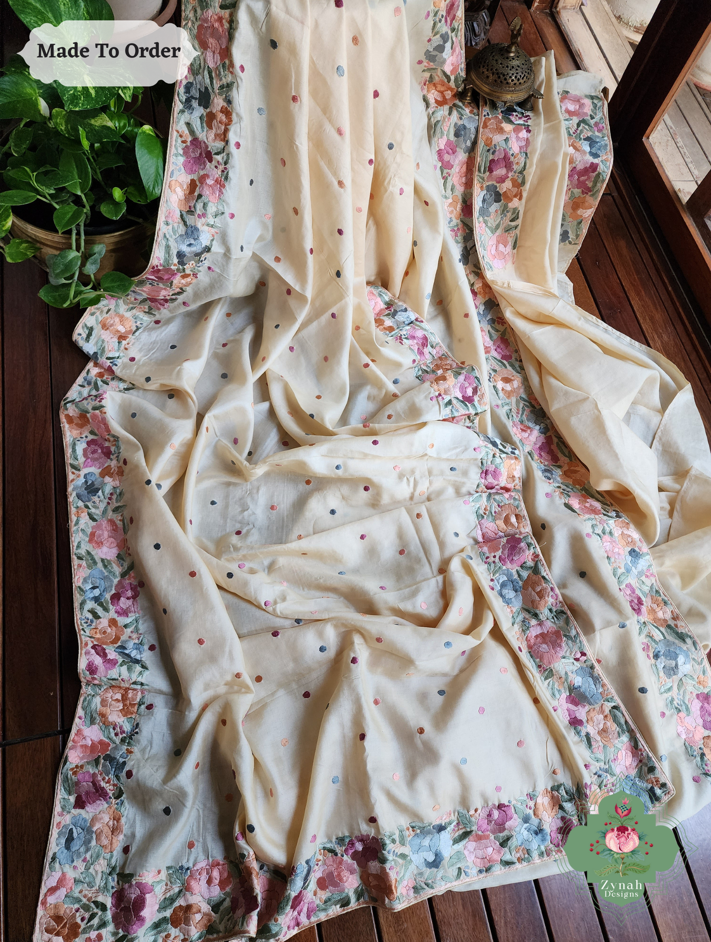 Zynah Made To Order Beige Pure Tussar Silk Hand Embroidered Authentic Parsi Gara Saree; Custom Stitched/Ready-made Blouse, Fall, Petticoat; SKU: 2312202405