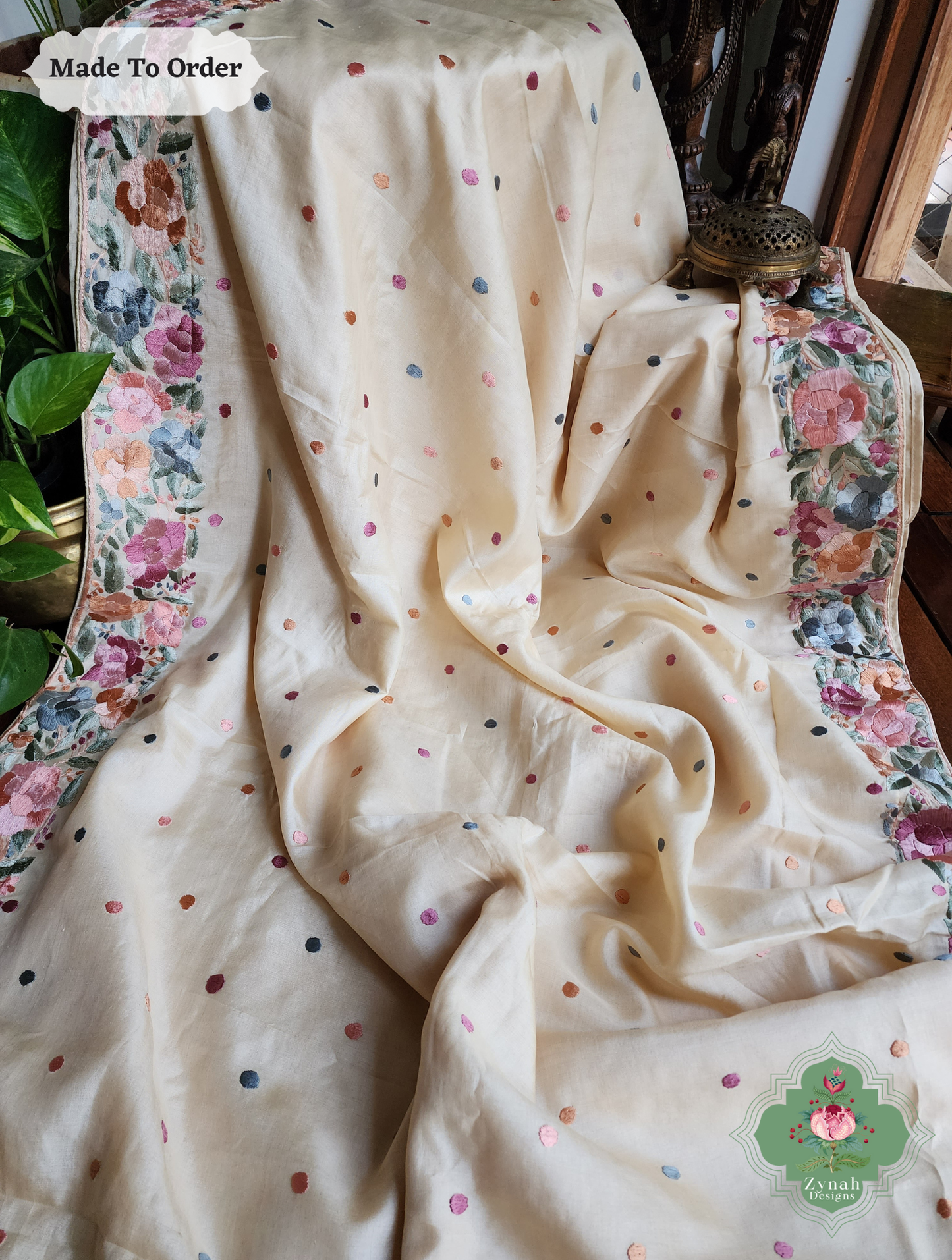 Zynah Made To Order Beige Pure Tussar Silk Hand Embroidered Authentic Parsi Gara Saree; Custom Stitched/Ready-made Blouse, Fall, Petticoat; SKU: 2312202405