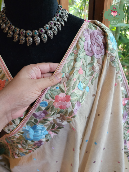 Zynah Sheherazade Gara – Beige Pure Tussar Silk Hand Embroidered Parsi Gara Saree