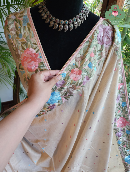 Zynah Sheherazade Gara – Beige Pure Tussar Silk Hand Embroidered Parsi Gara Saree