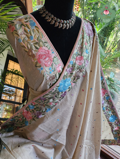 Zynah Sheherazade Gara – Beige Pure Tussar Silk Hand Embroidered Parsi Gara Saree